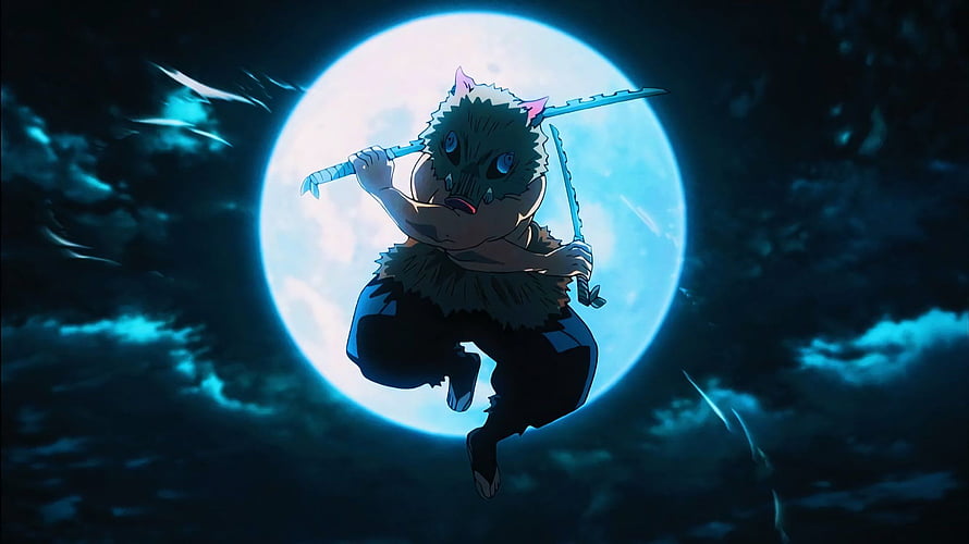 Inosuke Hashibira Leaping with Dual Blades Against a Full Moon in Demon Slayer HD wallpaper