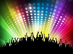 Silhouette of cheering crowd with raised hands against vibrant rainbow disco lights background HD wallpaper