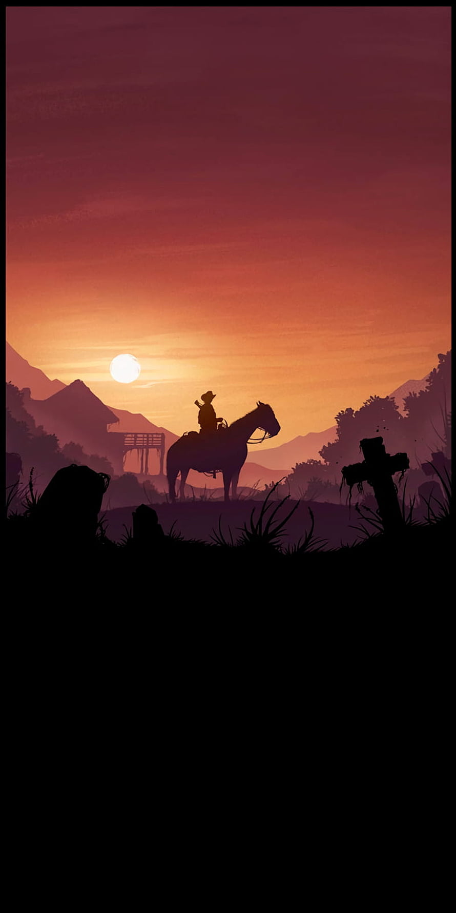 Red Dead Redemption II Cowboy Silhouette at Sunset in the Wild West HD phone wallpaper