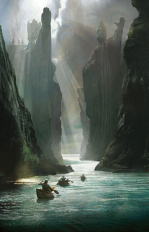 Argonath Statues Guarding the River Anduin in Lord of the Rings Fantasy Landscape HD phone wallpaper
