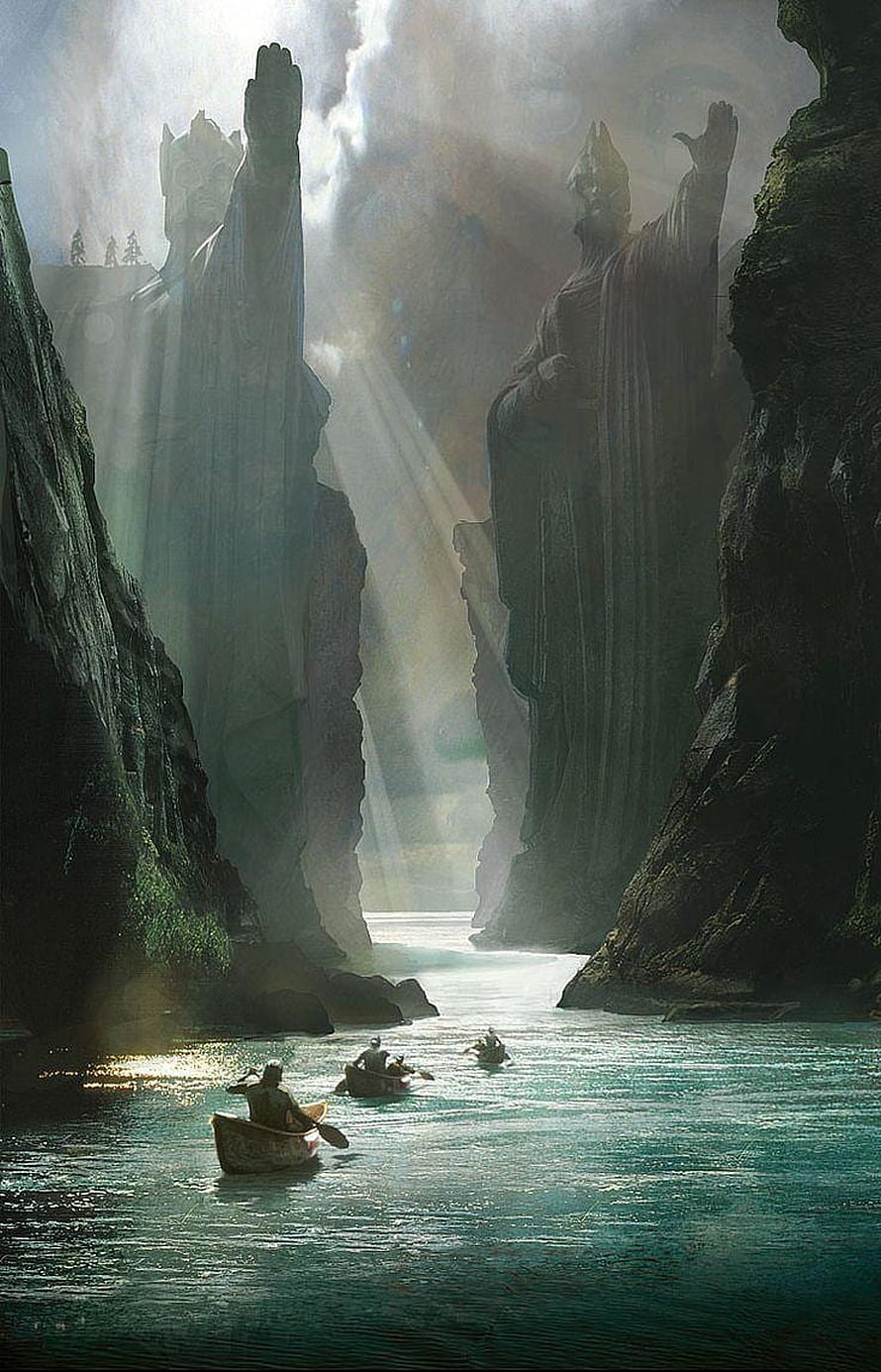 Argonath Statues Guarding the River Anduin in Lord of the Rings Fantasy Landscape HD phone wallpaper