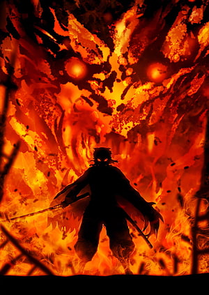 Kyojuro Rengoku Silhouette Wielding Katana Amidst Blazing Inferno in Demon Slayer HD phone wallpaper