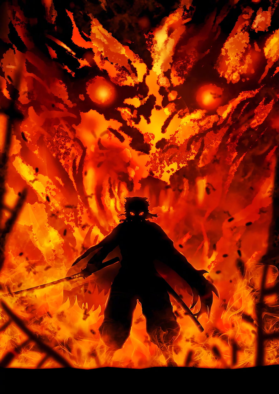 Kyojuro Rengoku Silhouette Wielding Katana Amidst Blazing Inferno in Demon Slayer HD phone wallpaper
