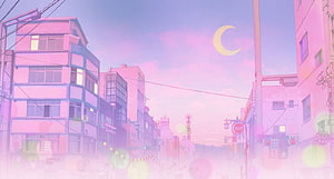 Dreamy Pink Anime City Street With Crescent Moon And Bokeh Lights HD wallpaper