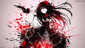 Tokisaki Kurumi from Date A Live in a dark gothic dress wielding a revolver with dramatic red and black paint splatter effects HD wallpaper