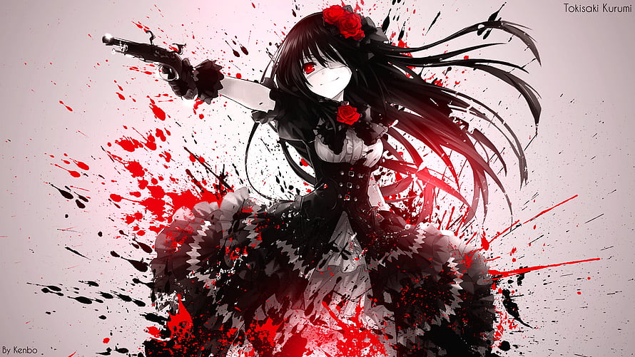 Tokisaki Kurumi from Date A Live in a dark gothic dress wielding a revolver with dramatic red and black paint splatter effects HD wallpaper