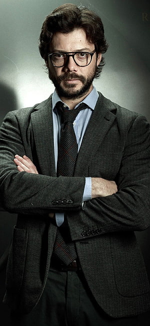 Professor from Money Heist in Herringbone Suit and Glasses HD phone wallpaper