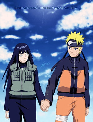 Naruto and Hinata Holding Hands Under a Bright Blue Sky HD phone wallpaper