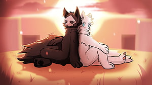 Puro and Colin: Two Furry Characters Cuddling in a Warm Sunset Landscape HD wallpaper