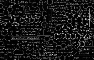 Black Background With White Handwritten Chemistry Formulas And Laboratory Glassware Sketches HD wallpaper