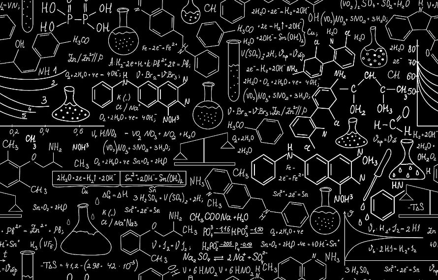 Black Background With White Handwritten Chemistry Formulas And Laboratory Glassware Sketches HD wallpaper
