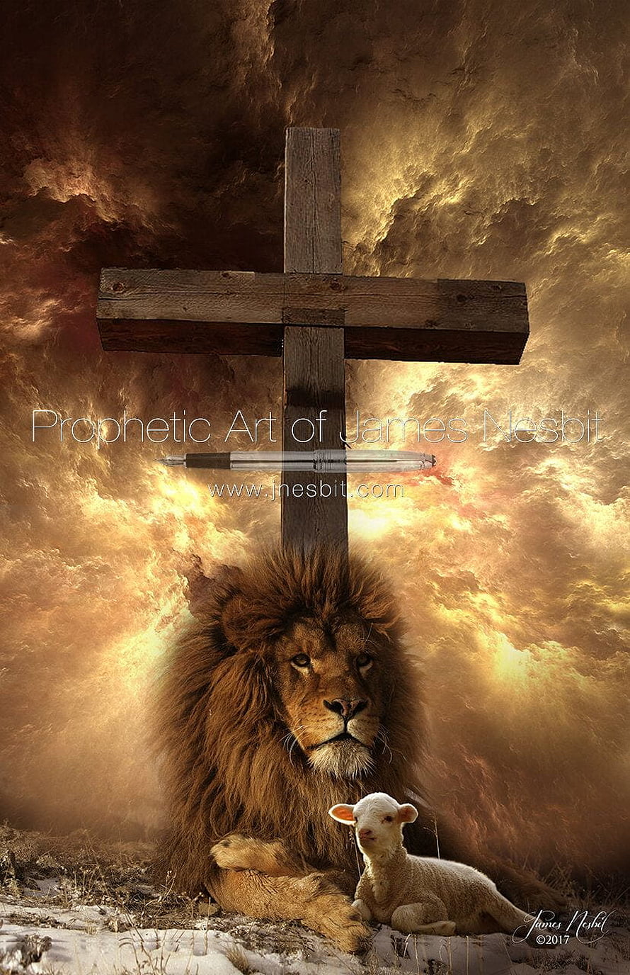 Majestic Lion and Lamb Beneath a Wooden Cross in Dramatic Golden Clouds HD phone wallpaper