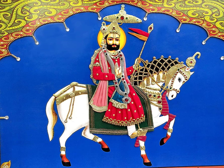 Traditional Indian Pichwai Painting of Krishna Riding a White Horse HD wallpaper