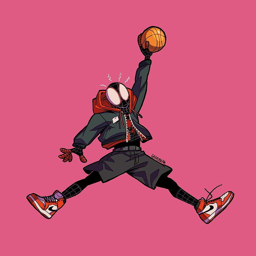 Spider-Man in Streetwear and Air Jordans Dribbling a Basketball on Pink Background, Spiderman kunst, Marvel bilder ...pinterest.de, spider man air jordan HD phone wallpaper