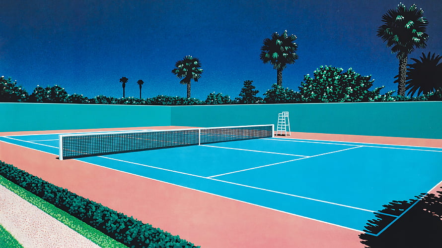 Hiroshi Nagai Tennis Court Illustration with Palm Trees and Vibrant Blue Surface HD wallpaper