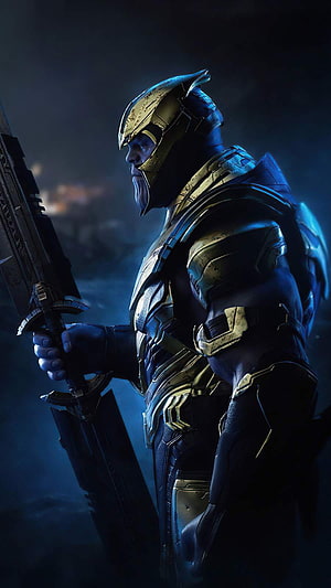 Thanos in Golden Armor Holding Double-Edged Sword Dark Cinematic Wallpaper HD phone wallpaper