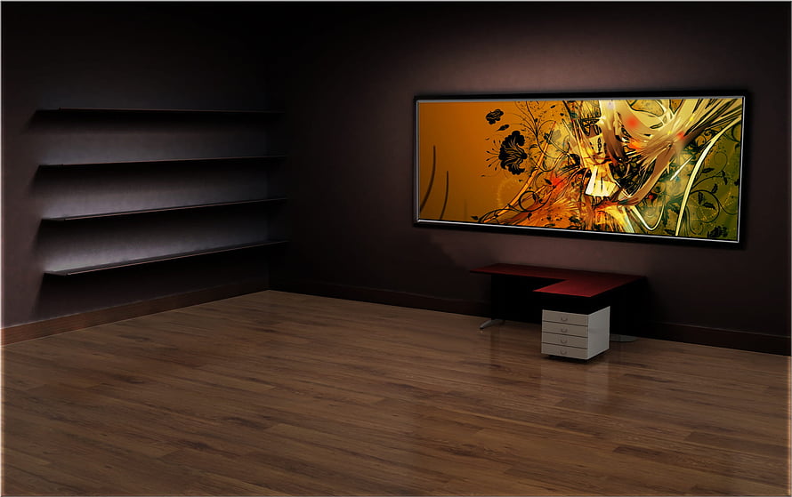 Modern Minimalist Office Interior With Warm Wood Flooring And Abstract Wall Art HD wallpaper