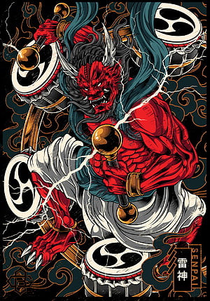 Raijin Japanese Thunder God Wielding Drum and Lightning in Dynamic Illustration HD phone wallpaper