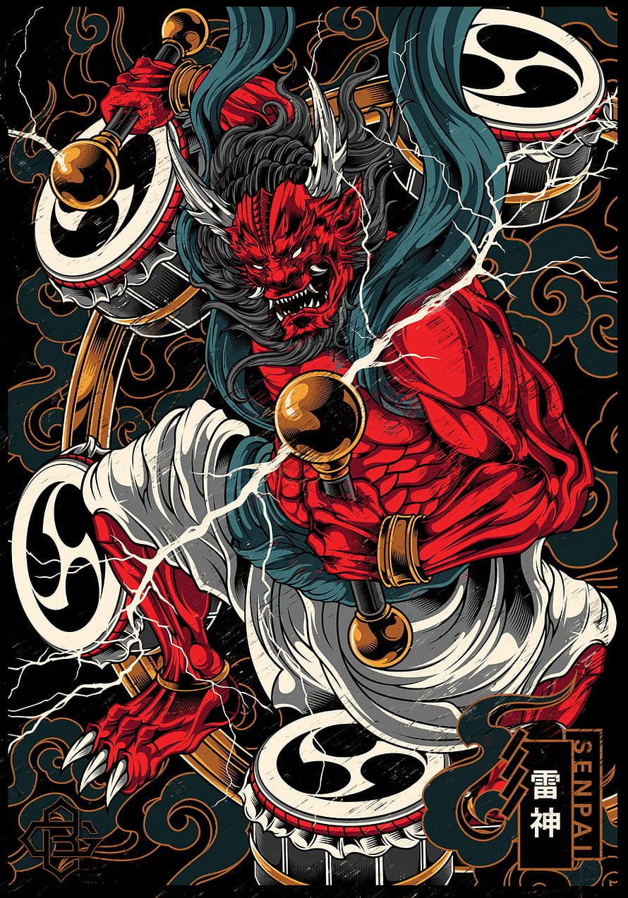 Raijin Japanese Thunder God Wielding Drum and Lightning in Dynamic Illustration HD phone wallpaper