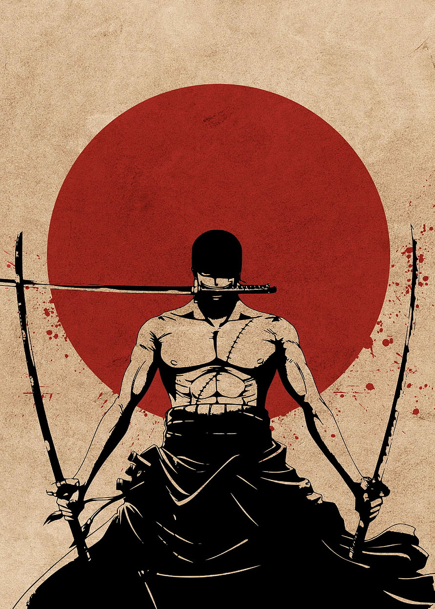Silhouette of a Scarred Samurai Warrior Holding Swords Against a Red Sun HD phone wallpaper