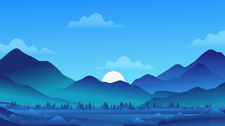 Minimalist Blue Mountain Landscape Vector Art With Sun And Pine Trees HD wallpaper