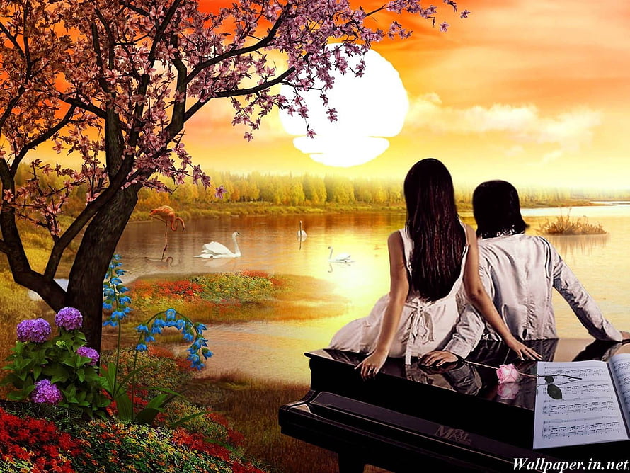 Couple at Grand Piano in Sunset Garden with Swans and Cherry Blossoms HD wallpaper