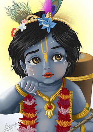 Crying Baby Krishna Digital Illustration with Peacock Feather Crown and Floral Garland HD phone wallpaper