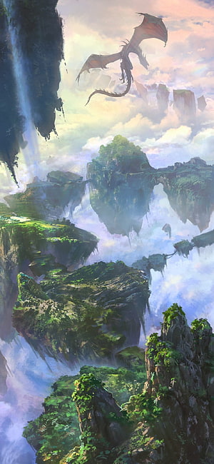 Majestic Dragon Soaring Over Floating Fantasy Islands and Waterfalls HD phone wallpaper
