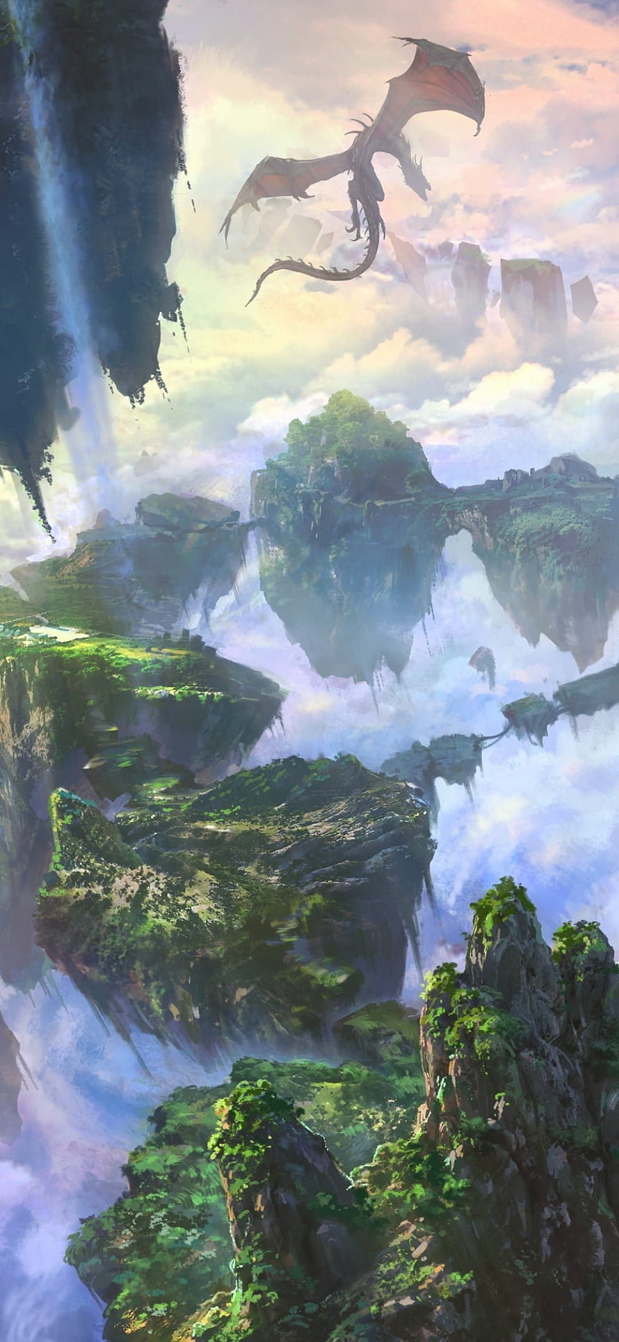 Majestic Dragon Soaring Over Floating Fantasy Islands and Waterfalls HD phone wallpaper