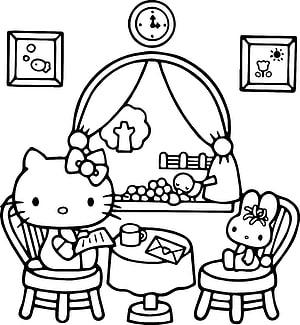 Hello Kitty and My Melody Reading at a Table in a Cozy Room Coloring Page HD phone wallpaper