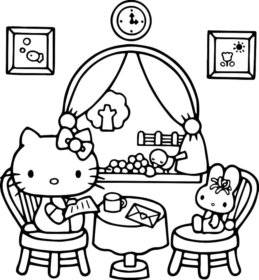 Hello Kitty and My Melody Reading at a Table in a Cozy Room Coloring Page HD phone wallpaper