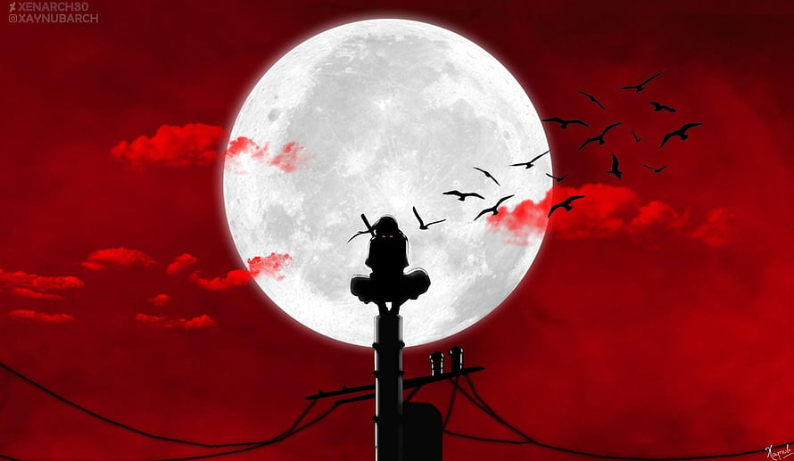 Silhouette of anime girl sitting on utility pole against giant full moon and red sky HD wallpaper