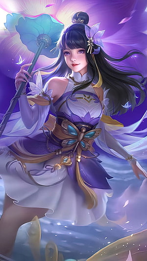 Elegant Fantasy Girl in Purple and White Dress Holding Lotus Staff HD phone wallpaper