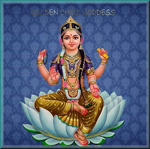 Balambigai Goddess Seated on Lotus with Four Arms and Golden Jewelry HD wallpaper