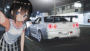 Anime Girl Taking Selfie With White Nissan Skyline GT-R R34 Night Street HD wallpaper