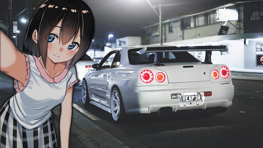 Anime Girl Taking Selfie With White Nissan Skyline GT-R R34 Night Street HD wallpaper