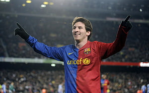 Lionel Messi Celebrating in Barcelona Home Kit at Camp Nou Stadium HD wallpaper
