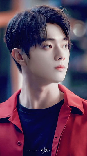 Xu Kai in a Red Shirt and Black Tee with a Soft Gaze HD phone wallpaper