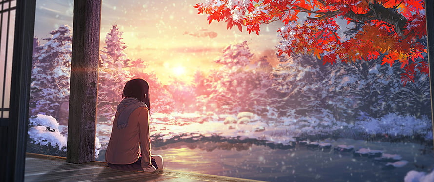 Anime Girl Watching Snowy Autumn Sunset Over a Calm Lake HD wallpaper