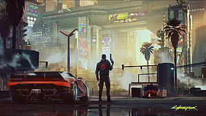 Cyberpunk 2077 Concept Art Featuring Red Sports Car and Futuristic Cityscape HD wallpaper