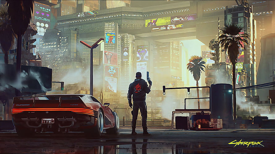 Cyberpunk 2077 Concept Art Featuring Red Sports Car and Futuristic Cityscape HD wallpaper