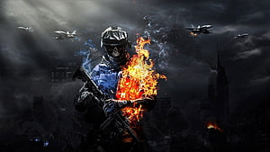 Soldier with skull mask engulfed in flames holding rifle against dark city skyline with fighter jets HD wallpaper
