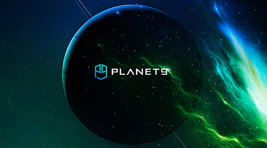 Planets 9 Game Logo on Dark Planet with Green Nebula and Starry Space Background HD wallpaper