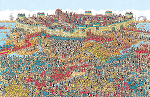 Where's Wally: Massive Medieval Siege Battle Scene with Crowds and Castle HD wallpaper