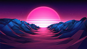 Retro Synthwave Landscape with Giant Pink Sun and Low Poly Mountains HD wallpaper