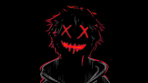 Glowing Red Neon X Eyes and Stitched Smile Anime Character on Black Background HD wallpaper