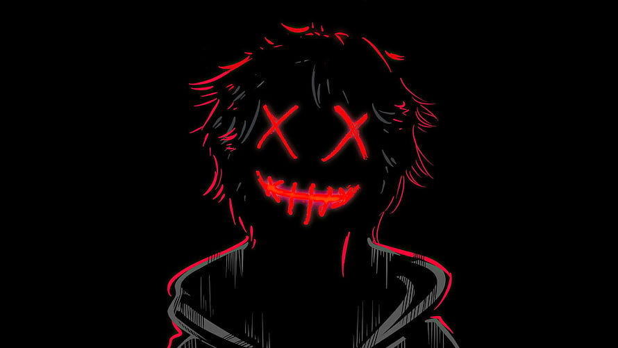 Glowing Red Neon X Eyes and Stitched Smile Anime Character on Black Background HD wallpaper