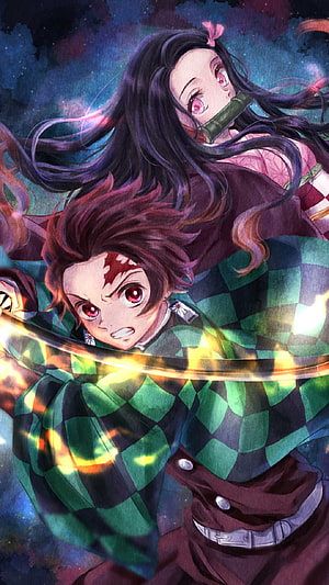 Tanjiro Kamado and Nezuko from Demon Slayer wielding a glowing sword in a dynamic anime battle scene HD phone wallpaper