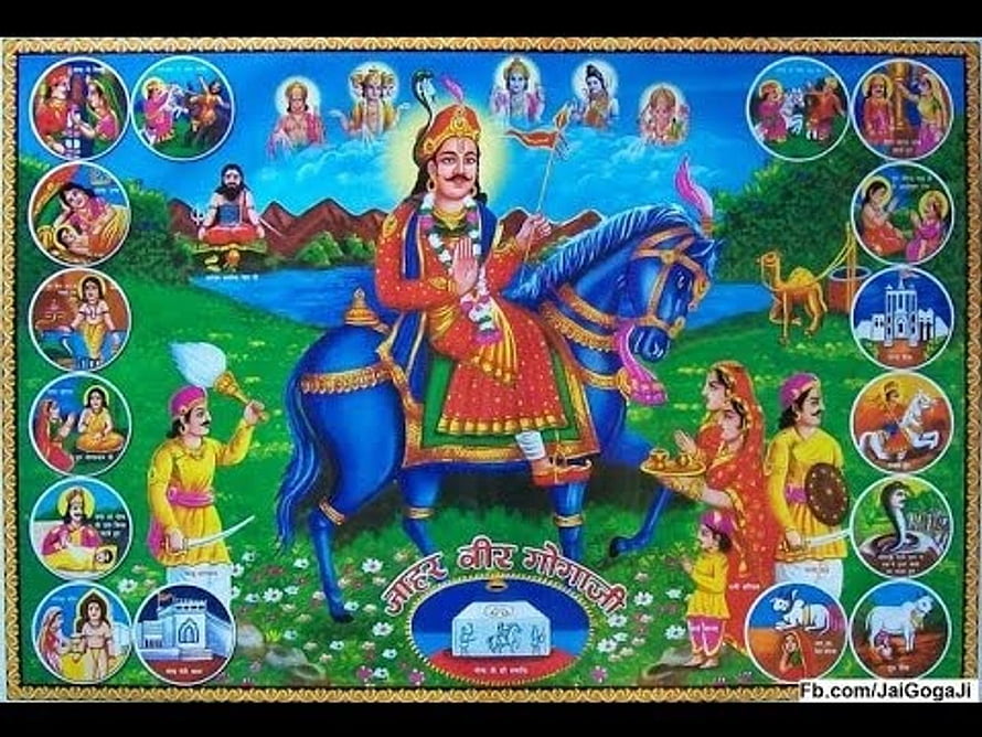 Jaharveer Goga Ji Riding a Blue Horse in Traditional Indian Devotional Art HD wallpaper