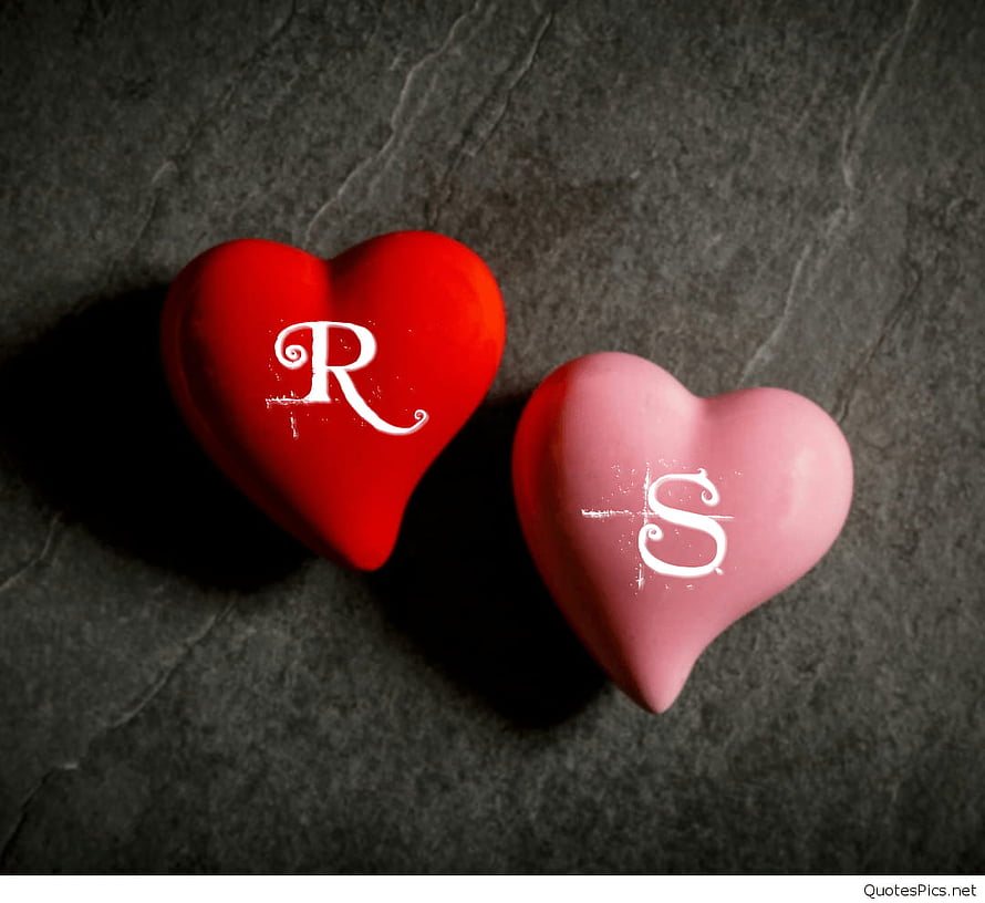 Red and Pink Heart Shaped Ornaments with Monogram Letters R and S on Dark Stone Surface HD wallpaper